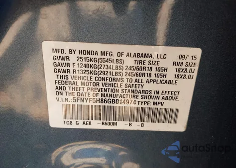 2016 Honda Pilot Ex-L from USA, damaged, VIN 5FNYF5H86GB014974